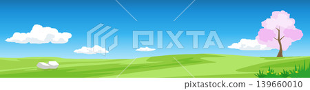 Hirizontal or Landscape view of Cherry Blossom on green hills. Ripples of rolling hills under a blue sky and white clouds. for nature banner background. Hirizontal or Landscape view of Cherry Blossom on green hills. Ripples of rolling hills under a blue sky and white clouds. for nature banner background. 139660010