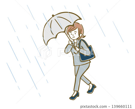 A woman in a suit walks with an umbrella in strong wind and rain. A woman in a suit walks with an umbrella in strong wind and rain. 139660111