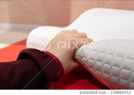 Hand touch fabric texture, soft textile cloth background, cotton quality control 139660552