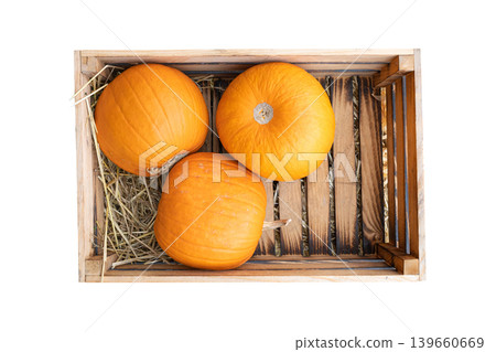 Pumpkins Halloween Decoration in Wooden Box Isolated 139660669
