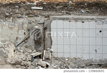 Broken rubble and concrete wall textured background Broken rubble and concrete wall textured background 139660691