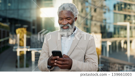 Outdoor, business and old man with cellphone, contact and typing with internet, city and smile. Opportunity, senior person and employee with smartphone, mobile user and lens flare with communication Outdoor, business and old man with cellphone, contact and typing with internet, city and smile. Opportunity, senior person and employee with smartphone, mobile user and lens flare with communication 139661003