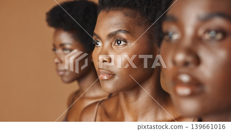 Skincare, beauty or black women models with glowing skin or afro isolated on brown background. Facial dermatology, diversity or face cosmetics for makeup in studio with girl friends or African people Skincare, beauty or black women models with glowing skin or afro isolated on brown background. Facial dermatology, diversity or face cosmetics for makeup in studio with girl friends or African people 139661016
