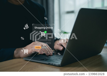 Businessman using laptop with online shopping interface, digital payment, ecommerce technology, mobile banking, discount promotion, cashless transaction and fintech concept Businessman using laptop with online shopping interface, digital payment, ecommerce technology, mobile banking, discount promotion, cashless transaction and fintech concept 139661028