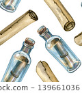 Seamless watercolor pattern featuring vintage glass bottles with messages and old paper scrolls. Hand drawn nautical design with antique letters and glass textures, perfect for pirate adventures. 139661036