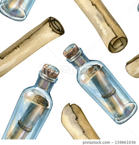 Seamless watercolor pattern featuring vintage glass bottles with messages and old paper scrolls. Hand drawn nautical design with antique letters and glass textures, perfect for pirate adventures. Seamless watercolor pattern featuring vintage glass bottles with messages and old paper scrolls. Hand drawn nautical design with antique letters and glass textures, perfect for pirate adventures. 139661036