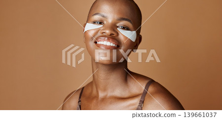 Skincare, health and face of black woman in studio with glowing, natural and facial routine. Smile, cosmetic and portrait of African person with dermatology beauty treatment by brown background. 139661037