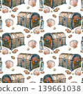 Watercolor seamless pattern featuring wooden treasure chests with iron trim, message in a bottle, seashells, gold coins, and pearls. Nautical adventure illustration in a classic hand drawn style. 139661038