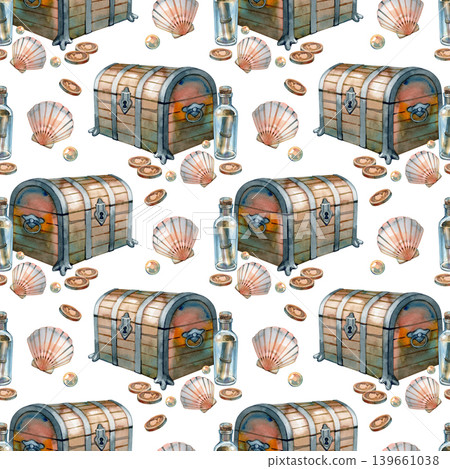 Watercolor seamless pattern featuring wooden treasure chests with iron trim, message in a bottle, seashells, gold coins, and pearls. Nautical adventure illustration in a classic hand drawn style. 139661038