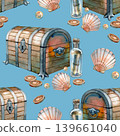 Watercolor seamless pattern featuring wooden treasure chests with iron trim, message in a bottle, seashells, gold coins, and pearls. Nautical adventure illustration in a classic hand drawn style. 139661040