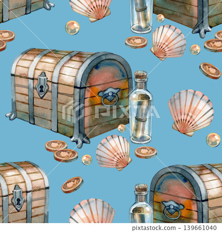 Watercolor seamless pattern featuring wooden treasure chests with iron trim, message in a bottle, seashells, gold coins, and pearls. Nautical adventure illustration in a classic hand drawn style. 139661040