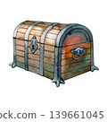 Watercolor illustration of a vintage wooden treasure chest with metal reinforcements and a keyhole. Hand drawn antique trunk with detailed textures and shadows, perfect for pirate or fantasy themes. 139661045