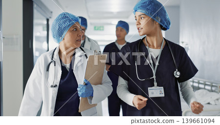 Doctors, nurses and people walking, teamwork or planning healthcare, clinic management and talking of ideas. Medical worker, surgeon and mentor support, hospital feedback and checklist or charts 139661094