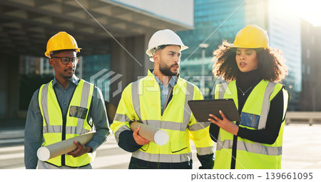 People, architect and tablet in city planning for meeting, construction or building project on site. Group of employees, contractor or engineer in teamwork on technology for architecture plan or idea People, architect and tablet in city planning for meeting, construction or building project on site. Group of employees, contractor or engineer in teamwork on technology for architecture plan or idea 139661095