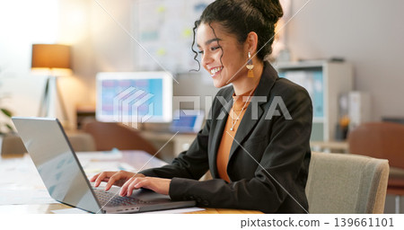 Happy businesswoman in office, typing on laptop and planning online research for creative project at digital agency. Internet, website and networking, woman with smile and computer for email review. Happy businesswoman in office, typing on laptop and planning online research for creative project at digital agency. Internet, website and networking, woman with smile and computer for email review. 139661101