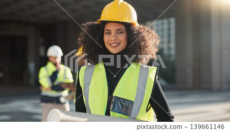Happy woman, architect and city for construction management or teamwork in leadership on site. Portrait of female person, contractor or engineer smile for professional architecture, project or plan Happy woman, architect and city for construction management or teamwork in leadership on site. Portrait of female person, contractor or engineer smile for professional architecture, project or plan 139661146