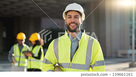Happy man, architect and city for construction management or teamwork in leadership on site. Portrait of male person, contractor or engineer smile for professional architecture, project or ambition Happy man, architect and city for construction management or teamwork in leadership on site. Portrait of male person, contractor or engineer smile for professional architecture, project or ambition 139661161