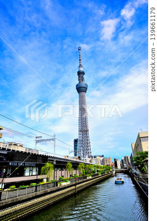 Tokyo Skytree as seen from the bridge along the Kitajikken River promenade. 139661179