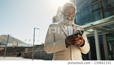 Outdoor, business or old man with cellphone, connection or mobile user with internet, typing and network. City, African person or employee with smartphone, mobile user or lens flare with social media Outdoor, business or old man with cellphone, connection or mobile user with internet, typing and network. City, African person or employee with smartphone, mobile user or lens flare with social media 139661191