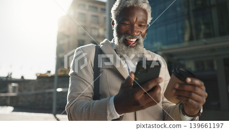 Outdoor, business and old man with a smartphone, excited and cheerful with good news, prize and social media. Senior person, employee and entrepreneur with a cellphone, city and winning with victory Outdoor, business and old man with a smartphone, excited and cheerful with good news, prize and social media. Senior person, employee and entrepreneur with a cellphone, city and winning with victory 139661197