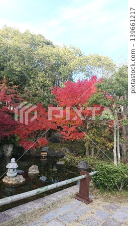 日本庭院池塘和色的葉子 日本庭院池塘和色的葉子 139661217