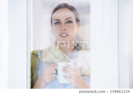 Coffee, thinking and face of woman in window with thoughtful, wondering and relax in home. Morning, breakfast and calm person with glass with mug drinking tea, caffeine and hot beverage in house Coffee, thinking and face of woman in window with thoughtful, wondering and relax in home. Morning, breakfast and calm person with glass with mug drinking tea, caffeine and hot beverage in house 139661234