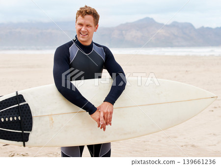 Surfboard, happy man or vacation on ocean to relax on vacation or adventure for fitness or travel. Smile, person waiting or surfer at sea on holiday at beach in Hawaii for wellness or extreme sports Surfboard, happy man or vacation on ocean to relax on vacation or adventure for fitness or travel. Smile, person waiting or surfer at sea on holiday at beach in Hawaii for wellness or extreme sports 139661236