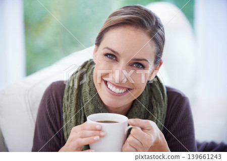 Coffee, relax and portrait of woman in home for calm, wellness and peace on sofa in living room. Morning, breakfast and happy person with mug for drinking tea, caffeine and hot beverage in house 139661243