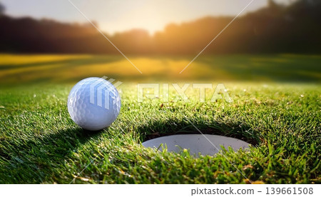 Golf ball on green grass near hole with sunset in background 139661508