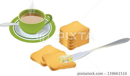 breakfast with rusks butter and coffee milk milk 139661510