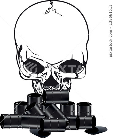 Skull emerging from oil barrels symbolizing fossil fuel dependence Skull emerging from oil barrels symbolizing fossil fuel dependence 139661513
