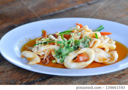 stir fried squid with vegetable, curry squid or squid salad stir fried squid with vegetable, curry squid or squid salad 139661593
