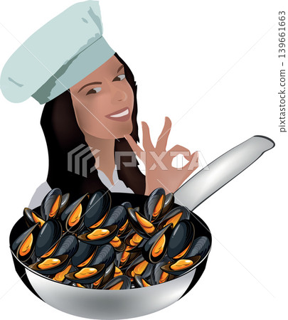 Chef showing ok sign with mussels in wok Chef showing ok sign with mussels in wok 139661663