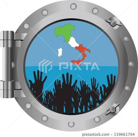 People requesting asylum reaching italian coast seen from submarine window People requesting asylum reaching italian coast seen from submarine window 139661704