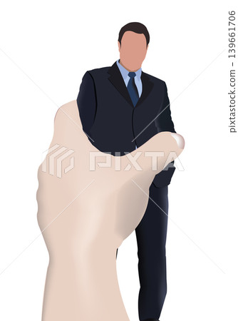 Giant hand reaching for businessman standing in suit Giant hand reaching for businessman standing in suit 139661706