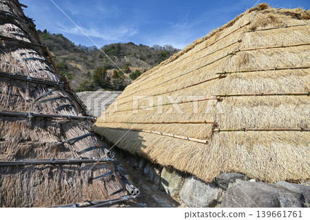 [Beppu City, Oita Prefecture] Thatched roof of a Yunohana hut at Myoban Onsen 139661761