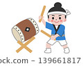 A woman wearing a festival happi coat and playing the drums (no outline). 139661817