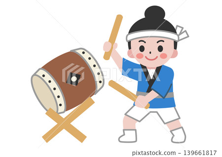 一位身穿節慶法被的女子正在打鼓(無輪廓)。 一位身穿節慶法被的女子正在打鼓(無輪廓)。 139661817