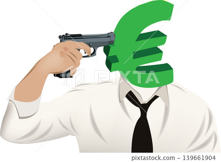 Businessman holding gun to head with euro sign replacing face Businessman holding gun to head with euro sign replacing face 139661904
