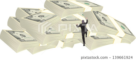 Businessman climbing mountain of money representing wealth and success 139661924