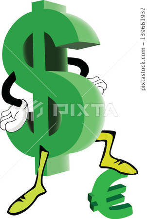 Dollar walking and stepping on euro sign shows currency exchange concept Dollar walking and stepping on euro sign shows currency exchange concept 139661932