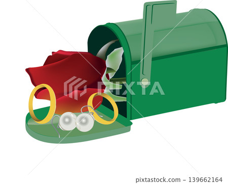 Red rose, gold rings and pearl earrings in open green mailbox delivering romance 139662164