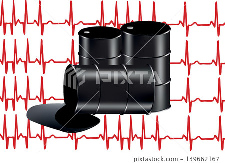 Oil barrels leaking and threatening the planet health with heartbeat in background Oil barrels leaking and threatening the planet health with heartbeat in background 139662167
