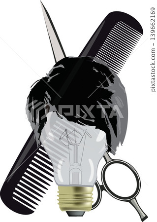 Hair comb and scissors cutting lightbulb with hair on white background Hair comb and scissors cutting lightbulb with hair on white background 139662169