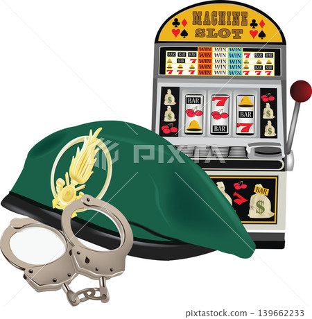 Military beret and handcuffs near slot machine suggesting gambling addiction intervention Military beret and handcuffs near slot machine suggesting gambling addiction intervention 139662233