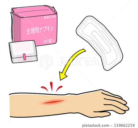 An illustration of using a sanitary napkin to stop bleeding from an injury. An illustration of using a sanitary napkin to stop bleeding from an injury. 139662259