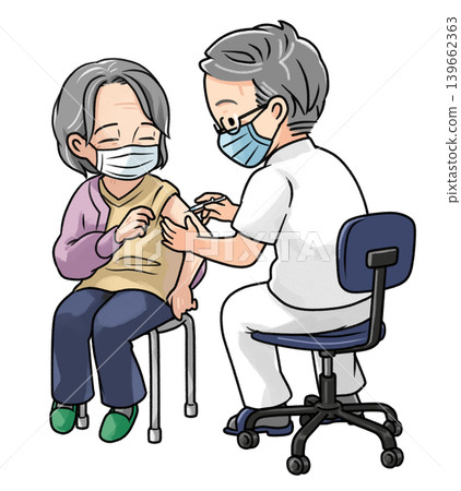 一位戴著口罩的老婦人在接種疫苗時 139662363