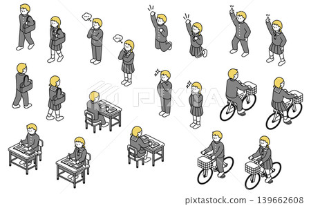 Isometric illustrations: A set of middle school boys and girls in various poses Isometric illustrations: A set of middle school boys and girls in various poses 139662608