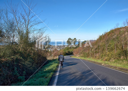 Scenic mountain road in San Andres de Comesana with Ria de Vigo view Scenic mountain road in San Andres de Comesana with Ria de Vigo view 139662674