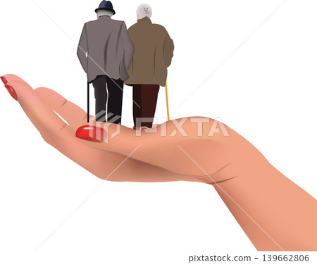 Hand holding elderly couple walking with canes Hand holding elderly couple walking with canes 139662806